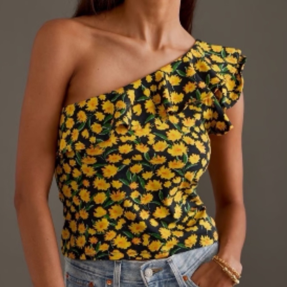 Maeve Anthropologie One-Shoulder Floral Ruffled Tank Top - Picture 3 of 5